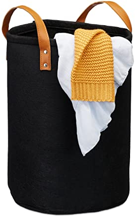 Relaxdays Cesto Ropa Sucia, Cubo Colada con Asas, Infantil, Baño, Fieltro-Cuero Sintético, 1 Ud, 28 l, 45 x 30 cm, Negro