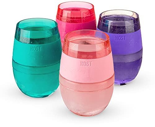 HOST Cooling Cup Set of 4 Plastic Double Wall Insulated Freezable Drink Chilling Tumbler with Freezing Gel, Wine Glasses for Red and White Wine, 8.5 oz, Assorted Translucent Colors