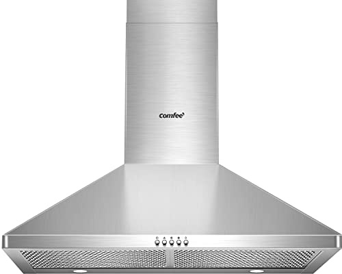 COMFEE' CVP30W6AST Ducted Pyramid Range 450 CFM Stainless Steel Wall Mount Vent Hood with 3 Speed Exhaust Fan, 5-Layer Aluminum Permanent Filters, Two LED Lights, Convertible to Ductless, 30 inches