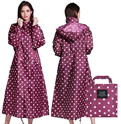 LAMA Stilvolle Lange Regenjacke Regenmantel Regenponcho mit wasserdichte Pattentasche Kapuze Tunnelzug Erwachsene Regenbekleidung Regencape Raincoat Regenschutzbekleidung Damen, Rosa Tupfen L