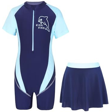 TiaoBug Mädchen Jungen Sport Badeanzug Schwimmanzug mit Reisverschluss Einteiler aus Kurzarm Bade Hemd Shirt und Kurze Hose Dunkelblau J 158-164