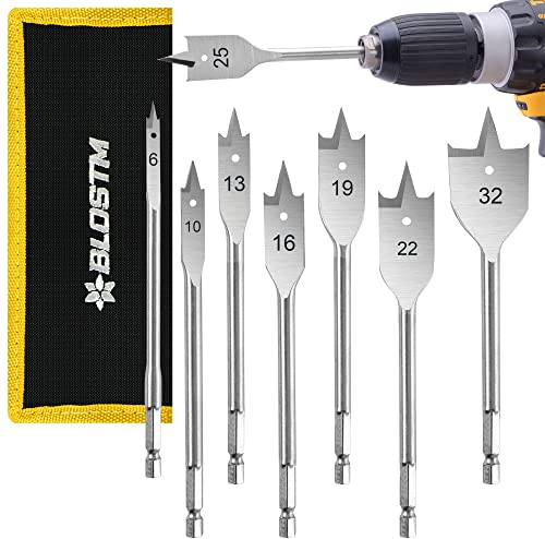 BLOSTM Spade Drill Bit Set - 8 Piece Wood Drill Bits for Woodworking, Heat-Treated Carbon Steel Flat Drill Bit Set & Nylon Storage Bag - 6-32mm Spade Bits, Quick Change Universal Hex Shank (8PCS)