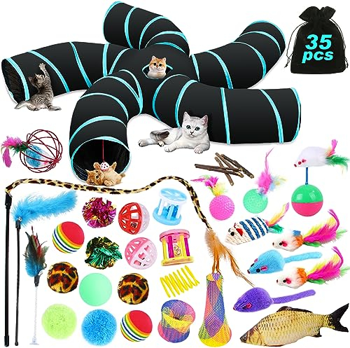 YUTUY Katzenspielzeug Set mit Katzentunnel,35pcs Katzen Spielzeug auch Bälle,Federspielzeug für Katzen,Spielzeugmäuse Katzen Spielzeug Variety Pack für Kitty Katzen Plüschspielzeug