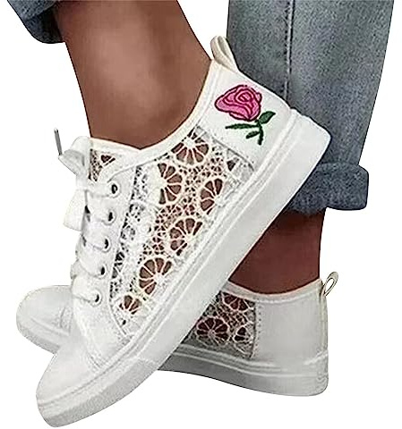 Tinbarry Baskets Basses en Toile Plate pour Femmes - Chaussures Brodées avec Dentelle en Tissu Respirant, Élégantes avec Lacets pour Course