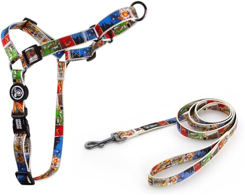 SUPER DOGGY Arnes Antitirones para Perro - Arnés Easy Walk con Correa - Collar de Pecho para Perro Grande, Mediano y Pequeño - Adiestramiento, Evita Asfixia y Ajustable (S, Cómic)