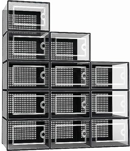 Thrink 12 X Shoe Storage Boxes - Clear Transparent Shoe Organizer - For Effortless Stacking – With Rear Ventilation Holes - Easy Assembly - Sturdy & Durable - Space Saving - Black Door Frame