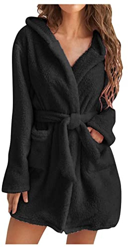 UnoSheng Peignoir pour femme en coton chaud – Peignoir moelleux avec capuche - Peignoir de sauna en tissu éponge - Longueur genou - Robe kimono - Doux et léger - Avec ceinture, Noir , M