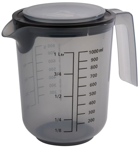 APS 30072 Gobelet mélangeur avec couvercle - Gobelet doseur avec graduations pour liquides (l/ml), sucre (g) et farine (g) - Volume : 1 l - Diamètre : 12,5 cm - Hauteur : 16 cm - Passe au