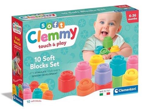 Clementoni Baby Blocks - Clemmy 10 Soft Building Blocks Set - Soft Building Blocks, Clemmy Blocks Kids 6 Months, Bricks Washable, Construction Set, Development & Activity Toy, Made In Italy, 17988