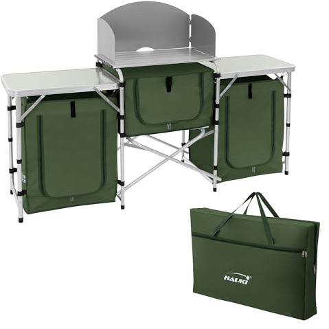 Hauki Cuisine de Camping Pliable, avec Sac de Transport, Meuble à Étagères de Rangement, Kaki, Aluminium/Tissu Oxford, avec Pare-Vent et Plan de Travail, Armoire de Tente Idéale pour Extérieur Voyage