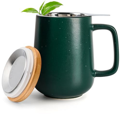 Happy Lemuro Teetasse mit Deckel und Sieb - 500 ml Teebecher mit Sieb - Keramik Teetasse Groß für losen Tee - XXL Teetassen & Teebecher - Tee Tasse mit Deckel - Teegeschenke - Große Tasse mit Teesieb