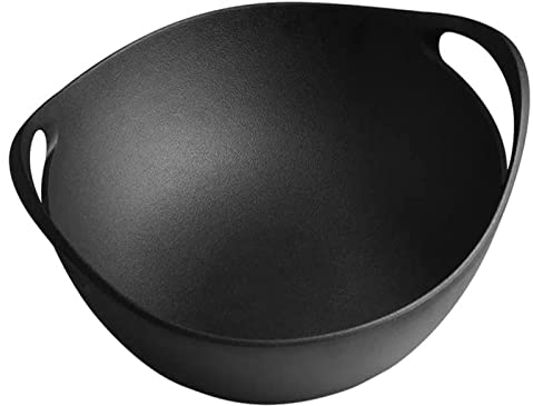 YIHANSS Wok Pan Traditional Chinese Cast Iron Pot Wok Stir Fry Pan with Wooden Lid & Double Handle for Cooking Pan-Frying, Braising and Deep-Frying,36cm Vision