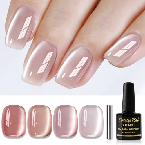 Shining She Gel Nail Polish Cat Eye, 4 Colours Nude Pink Rose Coral Shimmer Jelly Glass Cryta Nail Polish with Magnet Soak-Off UV/LED Magnetic Gel Polish for Nail Art Salon DIY Home, 8 ML