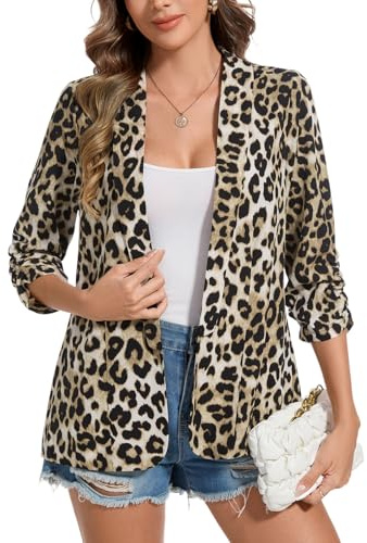MINTLIMIT Women's Lightweight Chiffon Yellow Blazer with Black Leopard 3/4 Ruched Sleeve Shawl Collar Front Lined Open Front Spring Summer (Yellow & Black Leopard S)