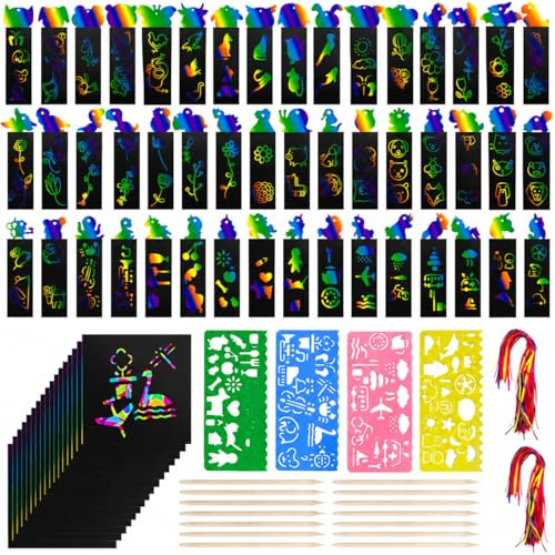 lyfLux 146 PCS Scratch Paper Art with Stencils, Rainbow Magic Scratch Paper Art Kit for Birthday Party, DIY Crafts