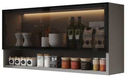 HJLKDYM Wall Mounted Storage Cabinet, Wall Cabinet Kitchen Pantry Sideboard With Light, Cosmetic Storage Locker With Glass Door, For Kitchen Dining Room(60x17x45cm)