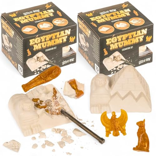 MIJOMA Set di 2 scavi mummie – Egitto gioco per bambini con martello e pennello – giocattolo educativo archeologico con 10 personaggi da collezione
