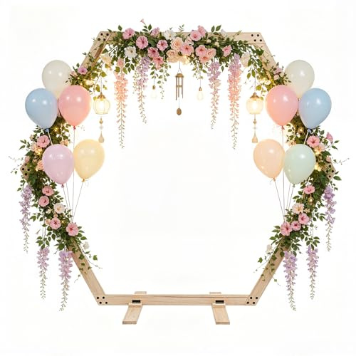 Loobiiny Arche de ballon de mariage bois hexagonal support de fond avec pied décoration fête jardin jusqu'à 5 kg Vintage 2,33x2,25 m