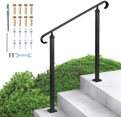 VEVOR Handrails for Outdoor Steps, 2-3 Step Adjustable Height, Carbon Steel Transitional Handrail with Installation Kit, Exterior Hand Railing for Steps, Concrete or Wooden Stairs, Porch, Matte Black