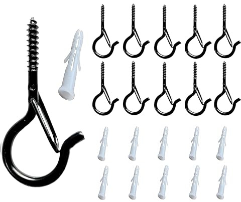 SCARFELL Screw Hooks Q-Hanger Hooks for Outdoor String Lights, Christmas Rope Lights Clips, Wall Cabinet Ceiling Eye Hook with Safety Buckle for Wire Party Light Plants Wind Chimes (Black, 10PCS)