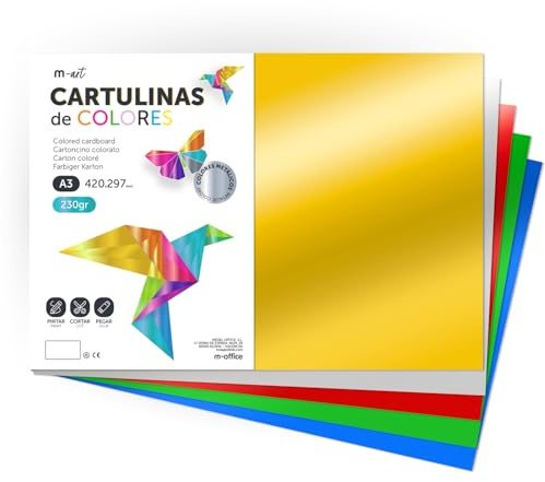 Carton Métallisé Couleur A3, 230 g/m², Feuilles Cartonnées Grandes, Carton de Couleur pour Loisirs Créatifs, Projets Artistiques et Décorations, Effet Brillant · m-office (10 feuilles, assortiment)