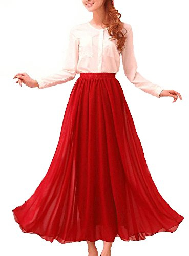 Afibi Womens Chiffon Retro Long Maxi Skirt Beach Ankle Length Skirt (XX-Large, Red)