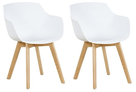 EGGREE Esszimmerstühle 2er-Set mit Beinen aus massivem Buchenholz, Retro-Design, Küchenstühle aus Holz, weiß, Wohnzimmerstuhl mit Armlehnen