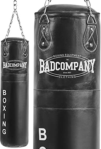 Bad Company Boxsack inkl. Heavy Duty Vierpunkt-Stahlkette I Leder Punching Bag, gefüllt I 100 x 35 cm - Schwarz