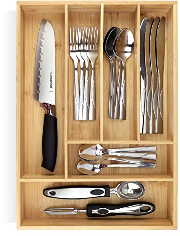 Pristine Bamboo Organiseur de plateau d'argenterie – Porte-couverts pour tiroir, petit tiroir de cuisine en bois extra profond pour cuillères, fourchettes, couteaux, couverts (6 emplacements)