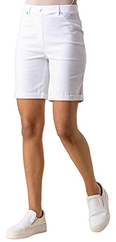 Roman Stretch Shorts for Women UK Ladies Pull On Turned Hem Cut Off Bengaline Mom Boyfriend Boy Denim Casual Cropped Pants Capri Slim Fit Turn Up Summer Crops Mother - White - Size 16