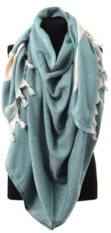 YENGAS Damen Schal XXL, 100% Baumwolle, OEKO-TEX, Großes Halstuch, Langer Damenschal, Warmer Überwurfschal, Oversize, Kuschelig & Weich im Winter und Herbst, 95x175 cm, Diamantmuster, Petrol