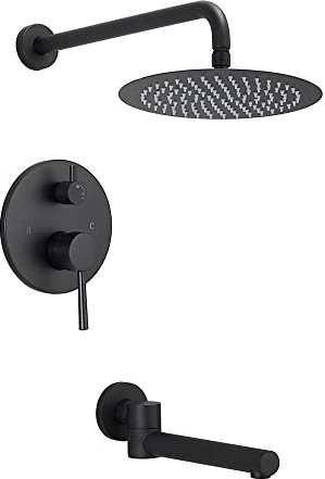 Shower System Faucet Set Round Luxury Rain Shower Head with Bathtub Swivel Tub Filler Spout Mixer Faucet Wall Mount,Bathroom Rainfall Fixed Showerhead Shower Rough-in Valve and Trim Kit,Matte Black