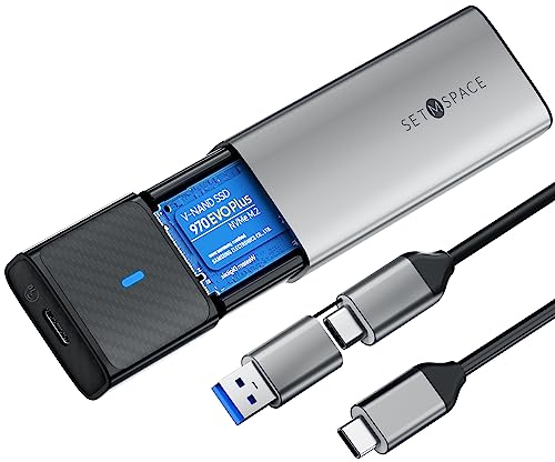 NVMe Gehäuse [Werkzeuglos], SETMSPACE M2 SSD Gehäuse [NVMe & SATA], M.2 SSD Gehäuse mit 2-in-1 Kabel, M2 USB Adapter für M-Key und B&M-Key, M2 SSD Case aus Aluminium- Grau Enclosure