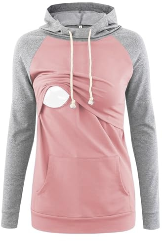 Love2Mi Felpa con cappuccio per allattamento premaman a maniche lunghe, A-rosa/Grigio, S