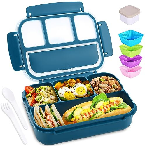 Bento Box Lunchbox für Erwachsene und Kinder, mit 4 Fächern, Saucendose und Muffineinlagen, 1,2 l, 5 Tassen, mikrowellen- und