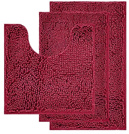 Reyox Chenille Badezimmerteppich Set 3 Teilig, Badvorleger rutschfest Waschbar, Weicher Absorbierende Badematte Weinrot