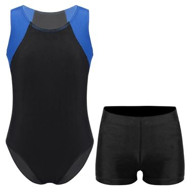 inlzdz Kinder Jungen Gymnastikanzug Zweiteiler Trikot Bodysuit Jumpsuit mit Shorts Set Yoga Leotard Tanzbody Sportshorts Turnanzug für Gymnastik Yoga Königsblau & Schwarz 134-140