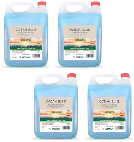 Pack 4 garrafas gel y champú 2 en 1 Ocean Blue 5 litros – total 20 litros – fórmula con pH neutro para uso frecuente – higiene completa en hoteles, centros deportivos o alojamientos – Intercabo