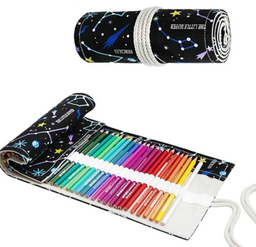 Sac a Crayon de Toile, Trousse Crayons Grande Capacité pour Crayons, Sac de Papeterie Organisateur, 72 Trous Pochette pour Crayons, pour peintre, Enfants, Adultes et Scolaires, multicolore