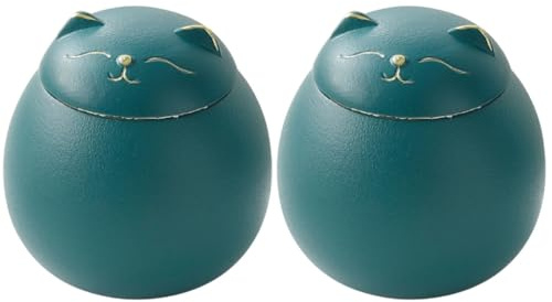 Amosfun Teburk lyckokatt 2 st. lufttäta keramiska tekoppar glas för te och kopp teburk med kattmotiv lufttät tebehållare tehållare av keramik grön