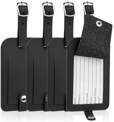Flintronic 4 Pcs Luggage Tags, Leather Baggage Labels, Suitcase Name ID Card Tag Set, Leather Tags Travel Handbag Accessories for Preventing Loss of Bags(Black)