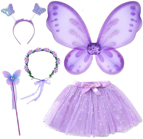 Chennyfun 5 Pièces Déguisement Fée Enfant Fille Costume, Ailes de Papillon avec Fée Baguette, Serre-tête et Tutu Jupe, Accessoires pour Carnaval Halloween Noël Cosplay Party Fête pour Enfants 3-8 Ans