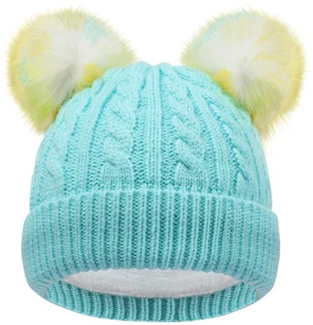 CHUANGLI Mössa för barn flickor varm fleece fodrad stickad mössa med dubbel pom pom utomhus skidskalle keps för pojkar flickor i åldrarna 7-12, Blå (Mint blå), 7-12 År