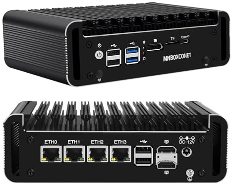MNBOXCONET Mini PC N150 Firewall Fanless, DDR5 Barebone Micro Desktop Computer 4 x 2,5 GbE i226V LAN, 2 x SATA3.0 Quad Display Appliance Type-C, 2HD, DP, Windows 11 Pro