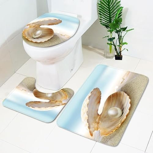 Badezimmerteppich Beige Gelbe Perle WC Vorleger mit Ausschnitt WC Deckelbezug 3 Teiliges WC Teppich rutschfeste Badgarnitur U förmiger Badematte Waschbar Bad Teppiche Set 50x80 cm