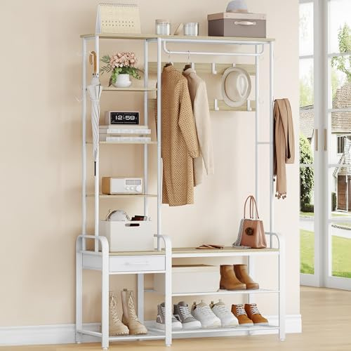 Hzuaneri Coat Rack with Shoe Storage, Coat and Shoe Rack with 3-Tier Storage Bench and Drawer, 5-in-1 Hall Tree with 17 Hooks, Side Book Shelves for Bedroom, Hallway Living Room White Oak HT03516W