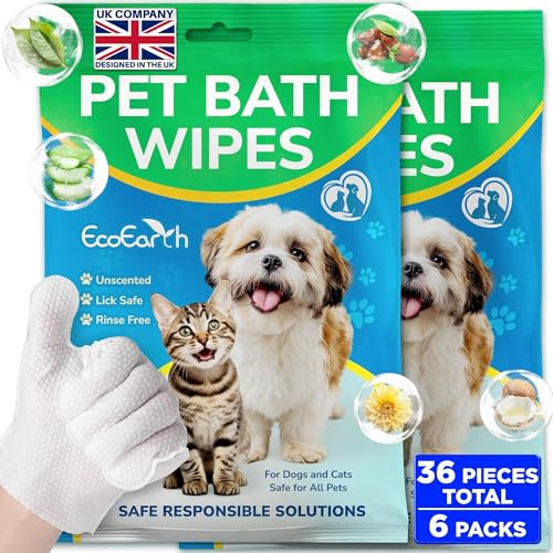 EcoEarth - Toallitas prémium para Perros y Gatos - 36 Guantes - Guante de Lavado desechable para baño y Aseo - Patas y Cuerpo limpios