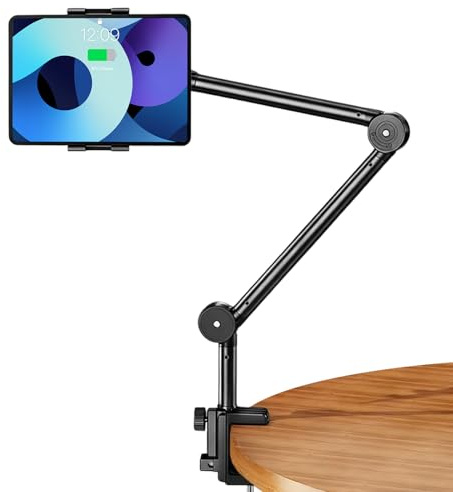 JSUOEO Tablet Halterung, 360° Drehbarer Verstellbarer Tablet Halter Tisch mit Flexiblem Metallarmen Höhenverstellbarer Ständer Kompatibel für 4''-12.9'' Tablets Handy (Schwarz)
