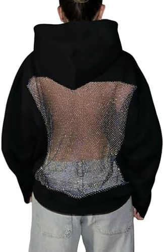 Dam ihåliga nät baktill huvtröjor, casual mode genomskinlig långärmad tröja pannband ficka glitter nätblusar damer överdimensionerad mysig Pa-rty pullover toppar, Svart, L