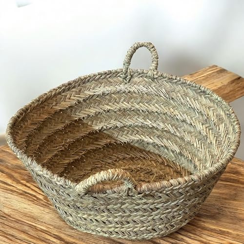 Cesto de Esparto Natural, Capazo de Esparto con Asas Decorativo Ovalado con Asas de Pita, Leñero Decorativo para Chimenea Capazo Fibra Natural Sostenible Cesto para Leña (55 CM) (55 cm)